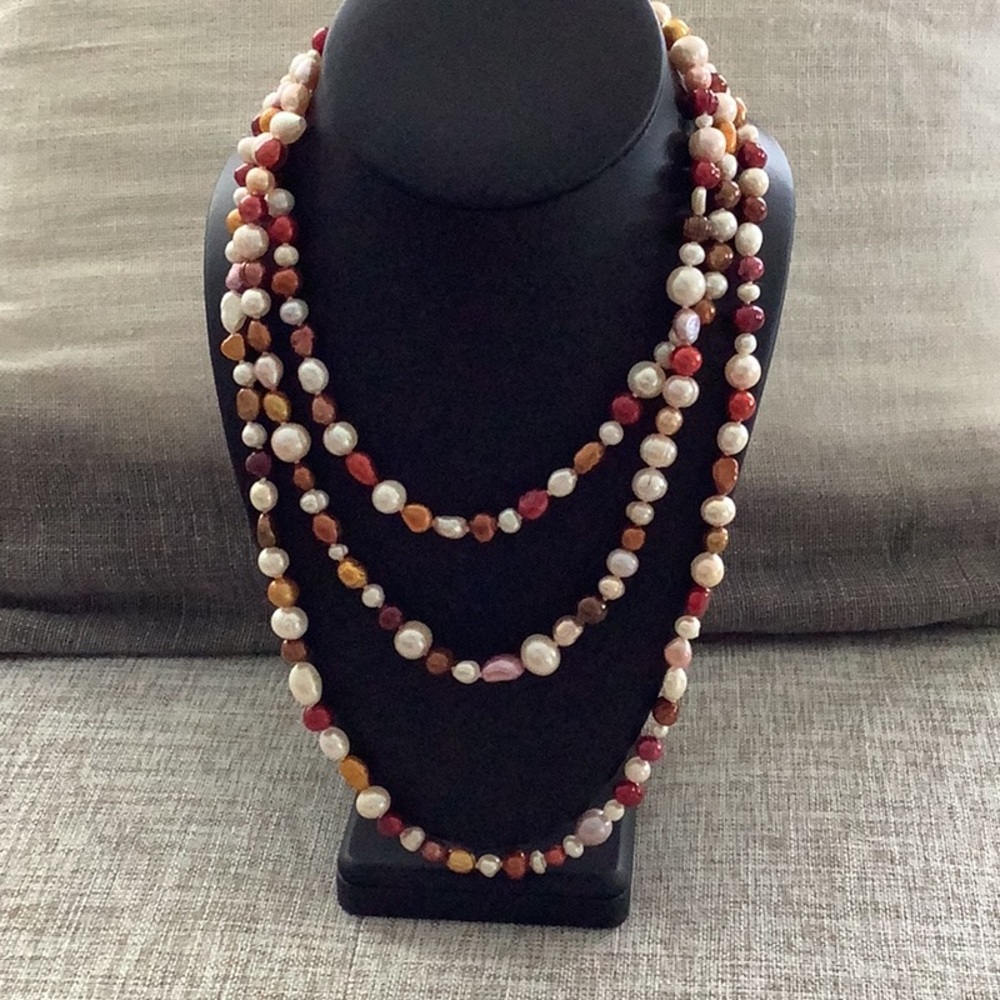 Layered Pearl and Mixed Bead Necklace in White, Pink, Red and Gold Tones